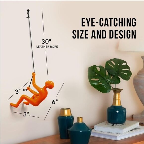 Climbing Man Wall Art for Home Decor with 30” Leather Rope | Polyresin Statues - Picture 5 of 7
